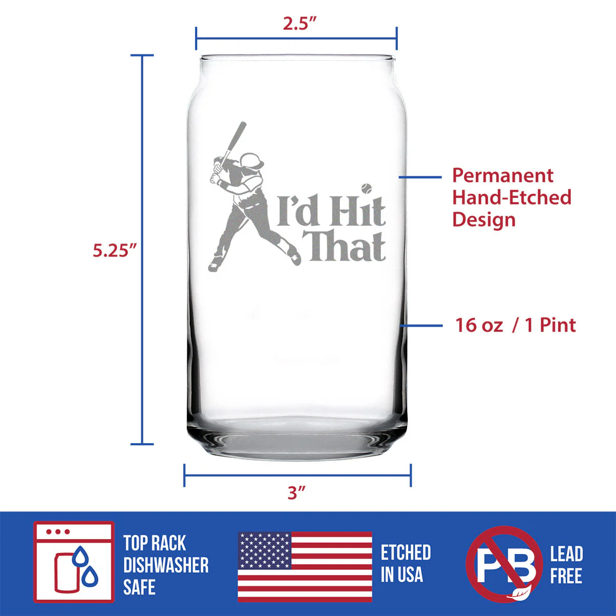 I'd Hit That - Beer Can Pint Glass - Baseball Themed Gifts and Sports Decor - 16 oz Glasses - Image 4