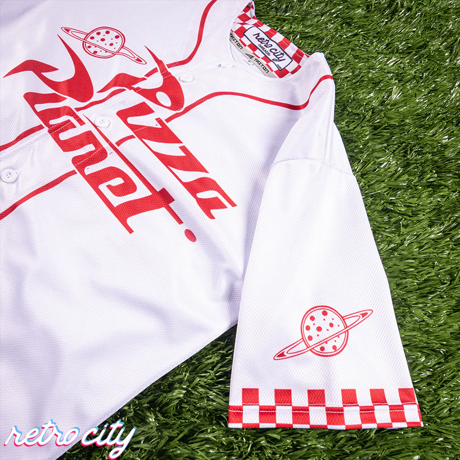 Pizza Planet Full Button Baseball Fan Jersey (White) - Image 6